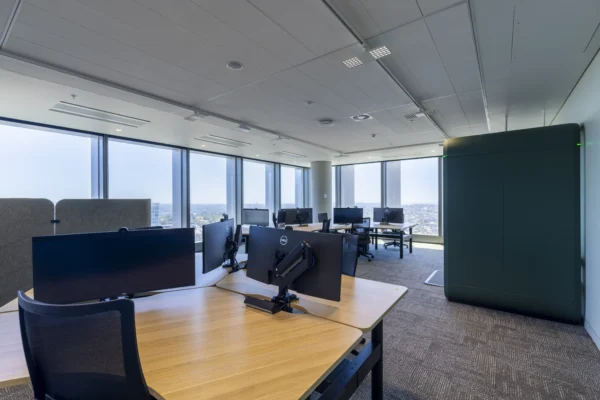 Ventia - Victoria Cross - Open Office Area Ventia - Victoria Cross - Workzone Electric,120 Degree, Sit-to-Stand, 3-Way Cluster Workstation, with Flex Heavy Duty Monitor Arm
